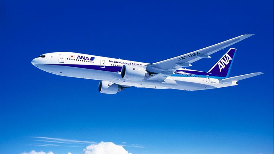ANAの飛行機が上空を飛行している