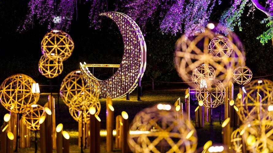 夜桜をのぞむ日本庭園の池にライトアップされた、数々の竹まりや三日月をかたどったオブジェ。