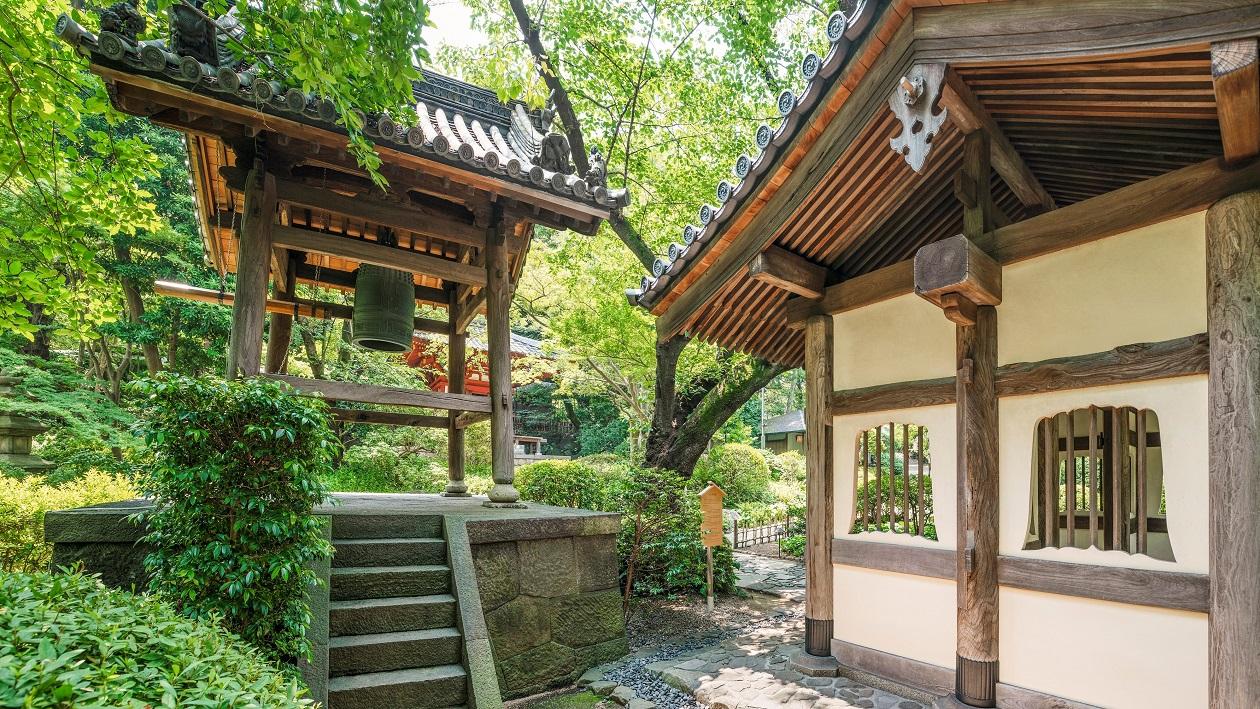 緑に囲まれた鐘楼の風景。