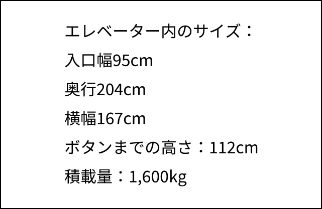 エレベーター内のサイズ 入口幅95センチメートル 奥行204センチメートル 横幅167センチメートル ボタンまでの高さ112センチメートル 積載量1,600キログラム