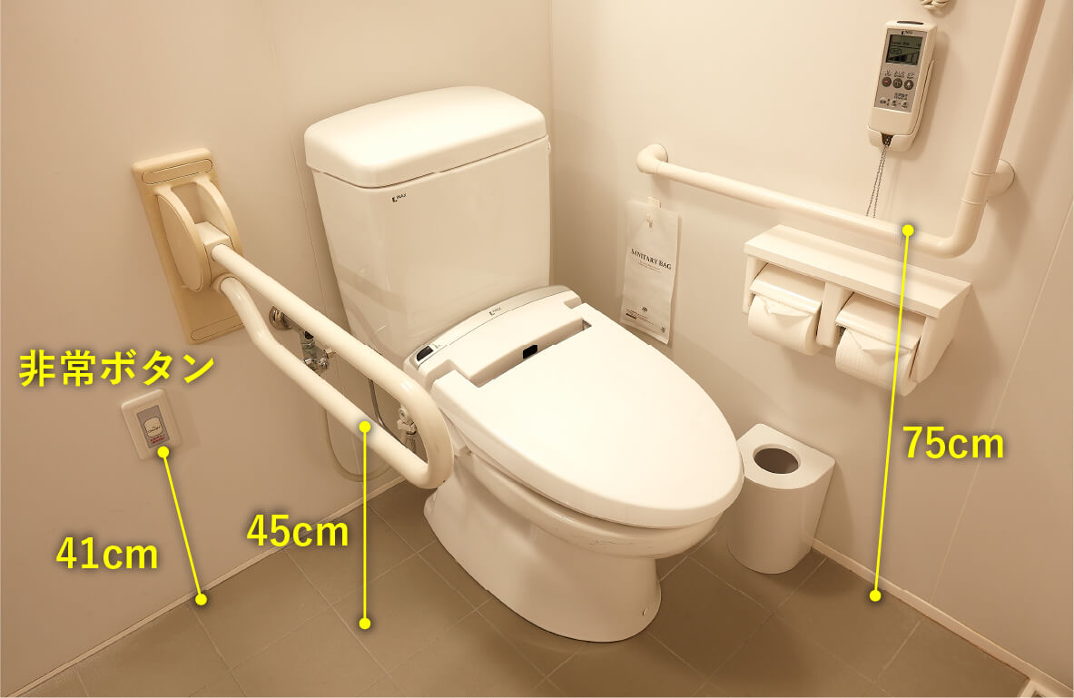 トイレ周りのサイズ 非常ボタンの高さ41センチメートル トイレ左側手すりの高さ45センチメートル トイレ右側手すりの高さ75センチメートル